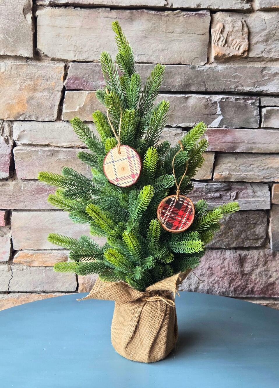 Plaid Wooden Christmas Ornaments – Rustic Holiday Decor, Upcycled Tree Accents